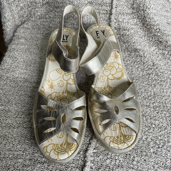 Fly London Metallic Gold Wedge Sandals - Picture 4 of 11